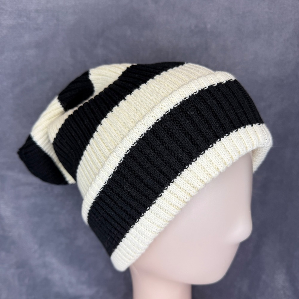 Free People Beanie Womens OS Black White Striped Ribbed Knit Cotton Slouchy Hat